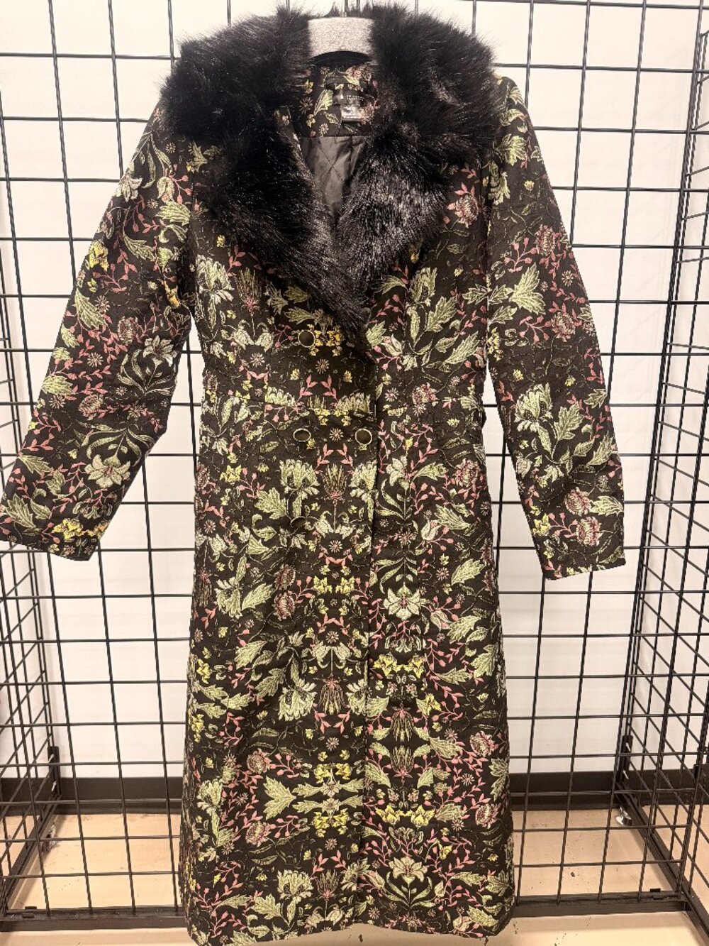 Bright & Beautiful Botanical Floral Faux Fur Collar Long Coat